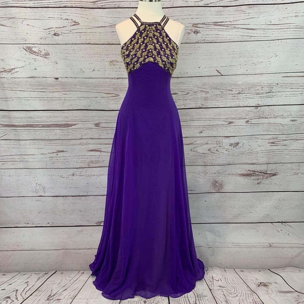 Purple and gold beaded gown